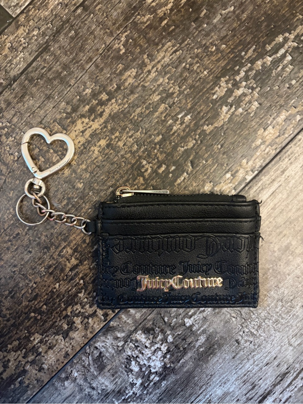 Juicy Couture Black Embossed Card Case Keychain with Heart Ring